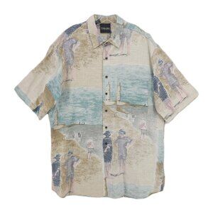 COLORE ITALIA Men's Shirt Short Sleeve Linen Cotton All Over Print Seaside LARGE